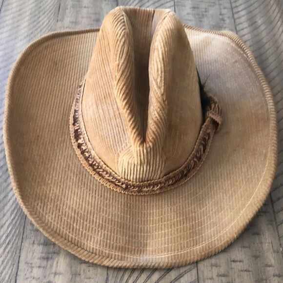 Country Gentleman’s Corduroy Wide Brim Ranch Hat in Tan Feather and braid accent